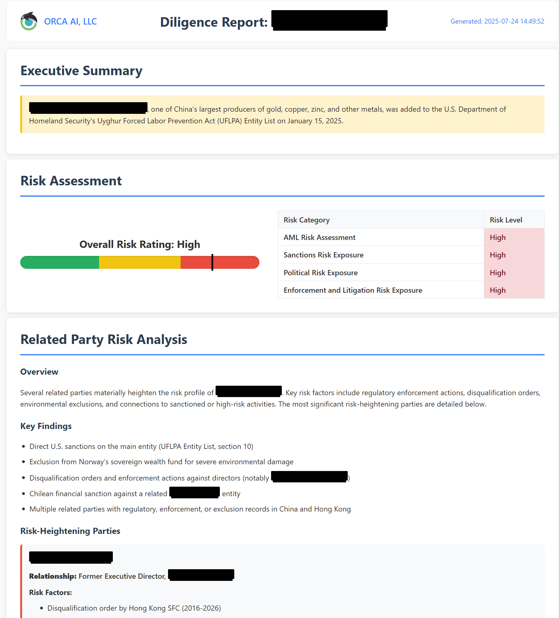 Sample ORCA AI enhanced due diligence report with advanced analytics, detailed risk scoring, and comprehensive source attribution