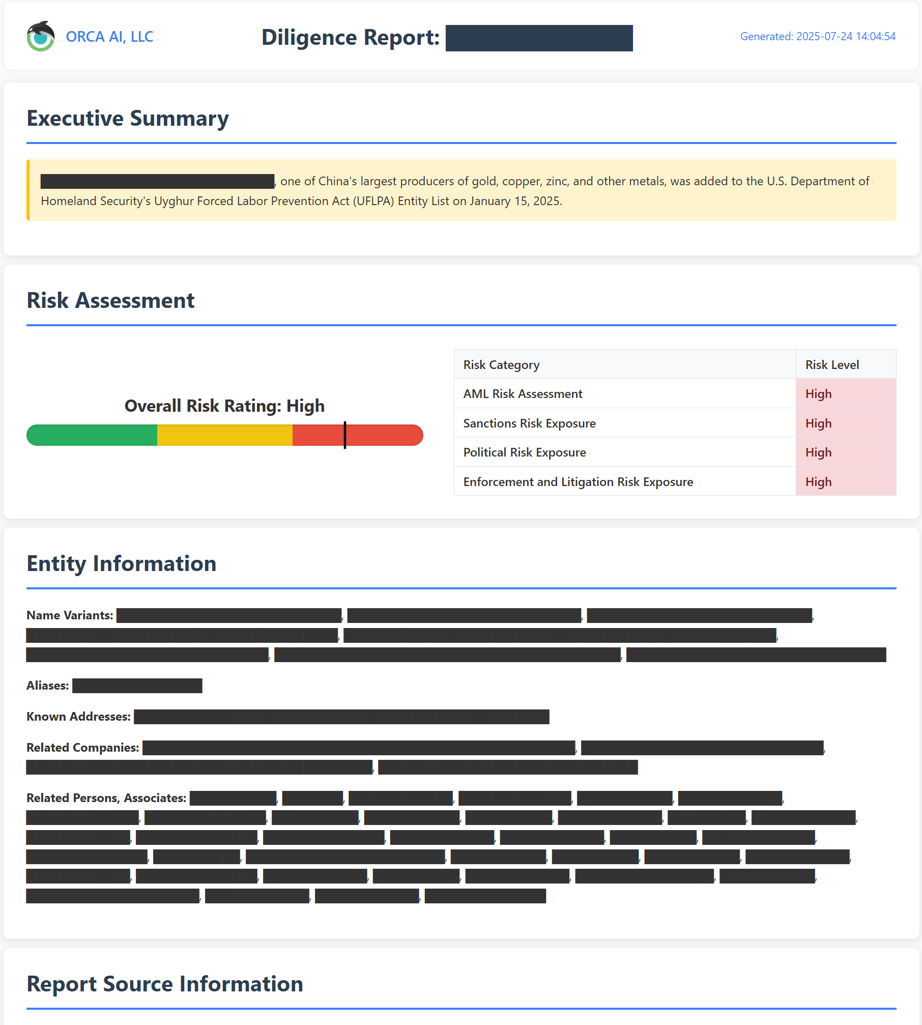 Sample ORCA AI basic due diligence report showing corporate intelligence findings, risk assessments, and government database sources
